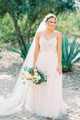 Ivory Tulle Beaded Spaghetti Straps Wedding Dress, A-line Wedding Gowns